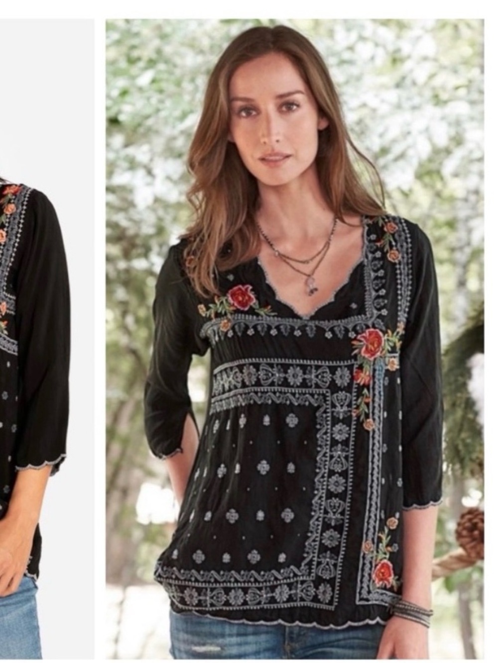 Johnny Was Black Embroidered V-Neck Floral Peasant Top